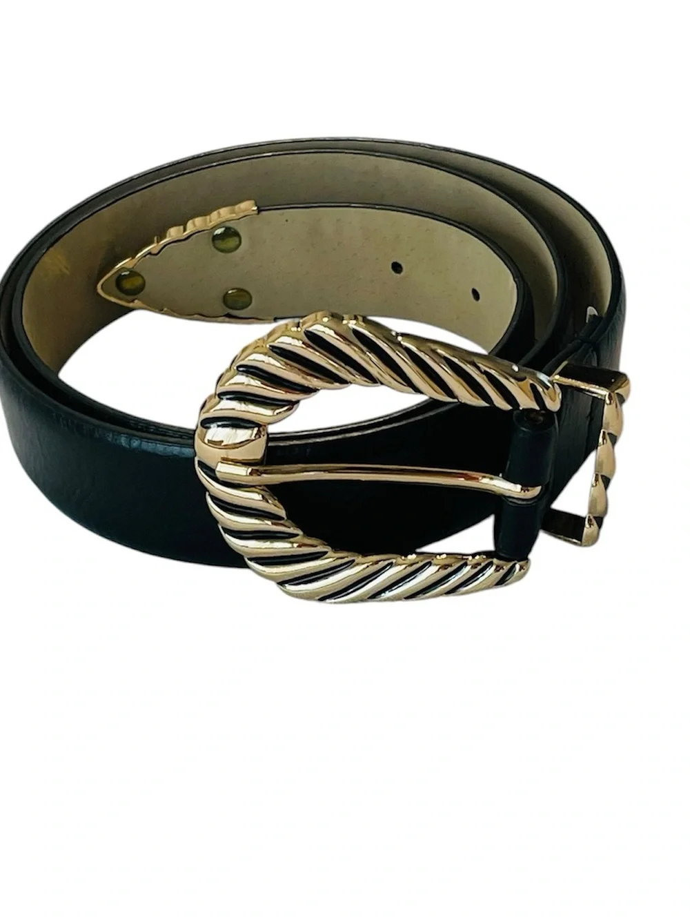 Black Leather Belt with Twisted Gold Buckle